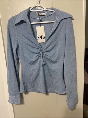 Zara Shimmery Sky Blue Ruched Long Sleeve Top